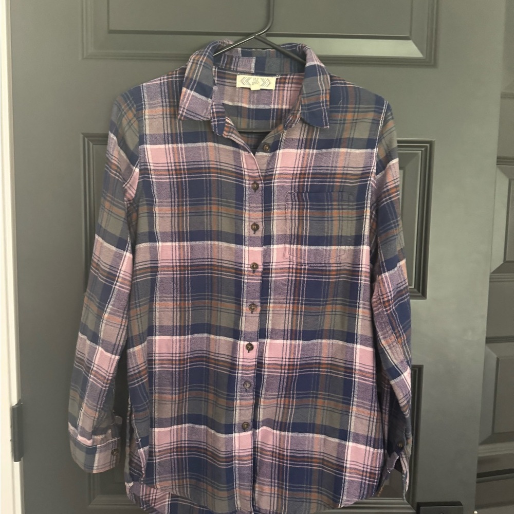 Pink Rose Plaid Button Down Shirt - Blue and Pink